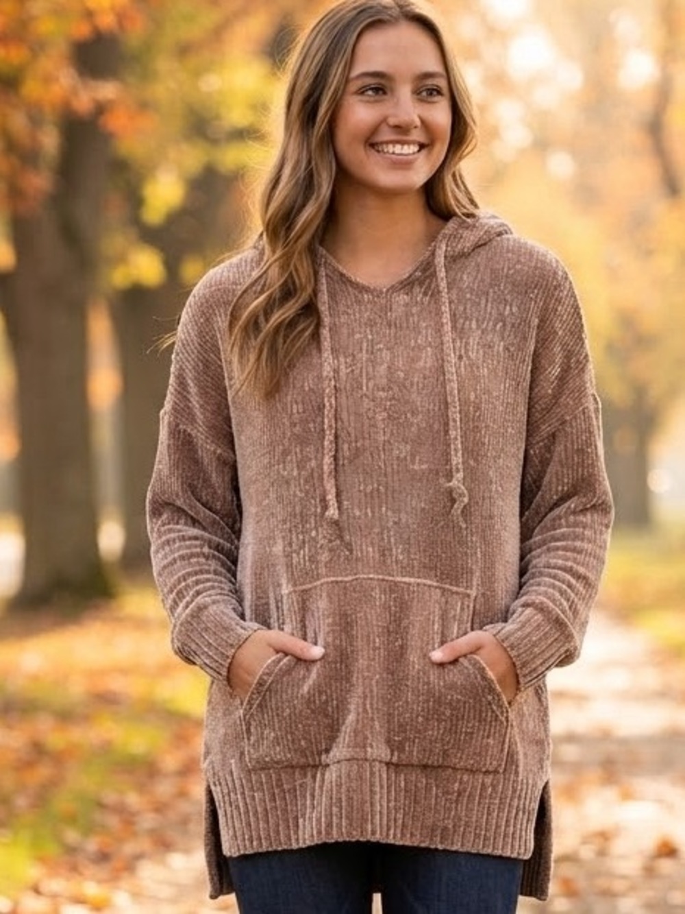 NWT Easel Los Angeles Chenille Velvet High Low Hoodie Sweater Medium Tan Taupe